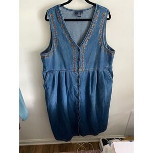 Original Ty Wear Denim Embroidered Button Front Pinafore Dress Womens 20W